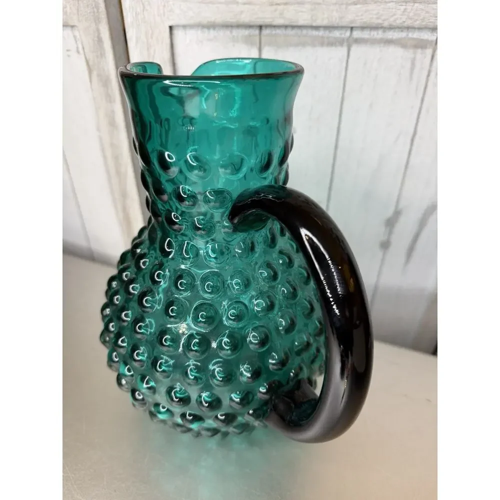 Vintage Hobnail Large Blown Glass Green Pitcher Applied Handle Victorian